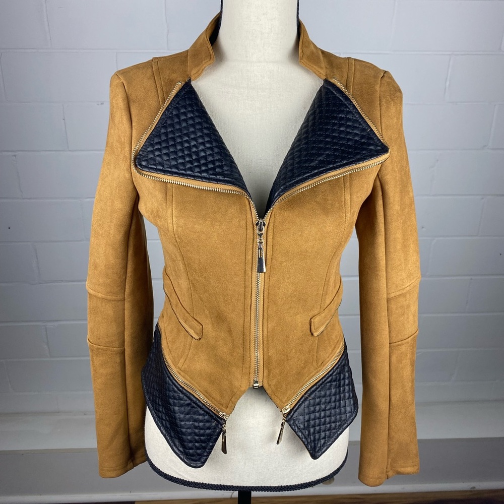 Hot Miami Styles Camel and Black Faux Leather Suede Jacket